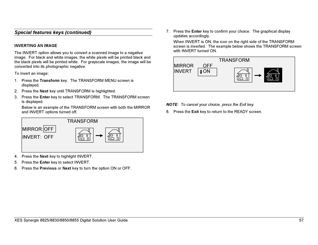 Xerox 8855, 8825, 8830 manual Transform Mirror OFF Invert on, Inverting AN Image 