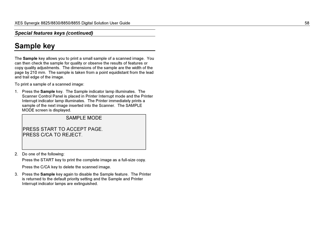 Xerox 8830, 8825, 8855 manual Sample key, Sample Mode Press Start to Accept Press C/CA to Reject 