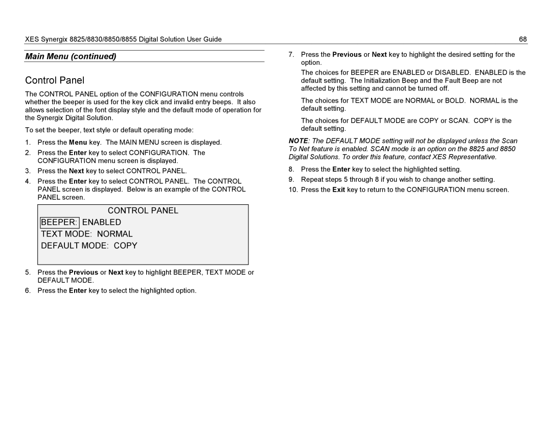 Xerox 8825, 8855, 8830 manual Control Panel, Default Mode 