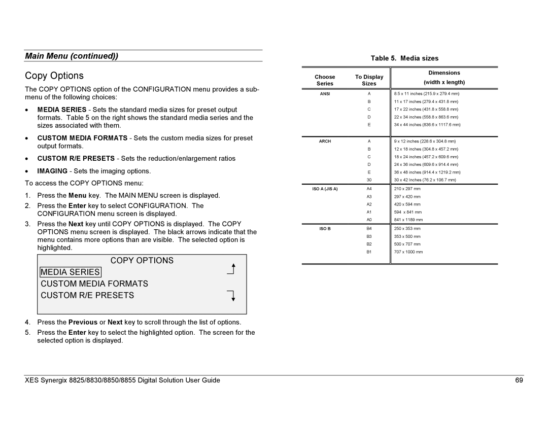 Xerox 8855, 8825, 8830 manual Copy Options, Media sizes 