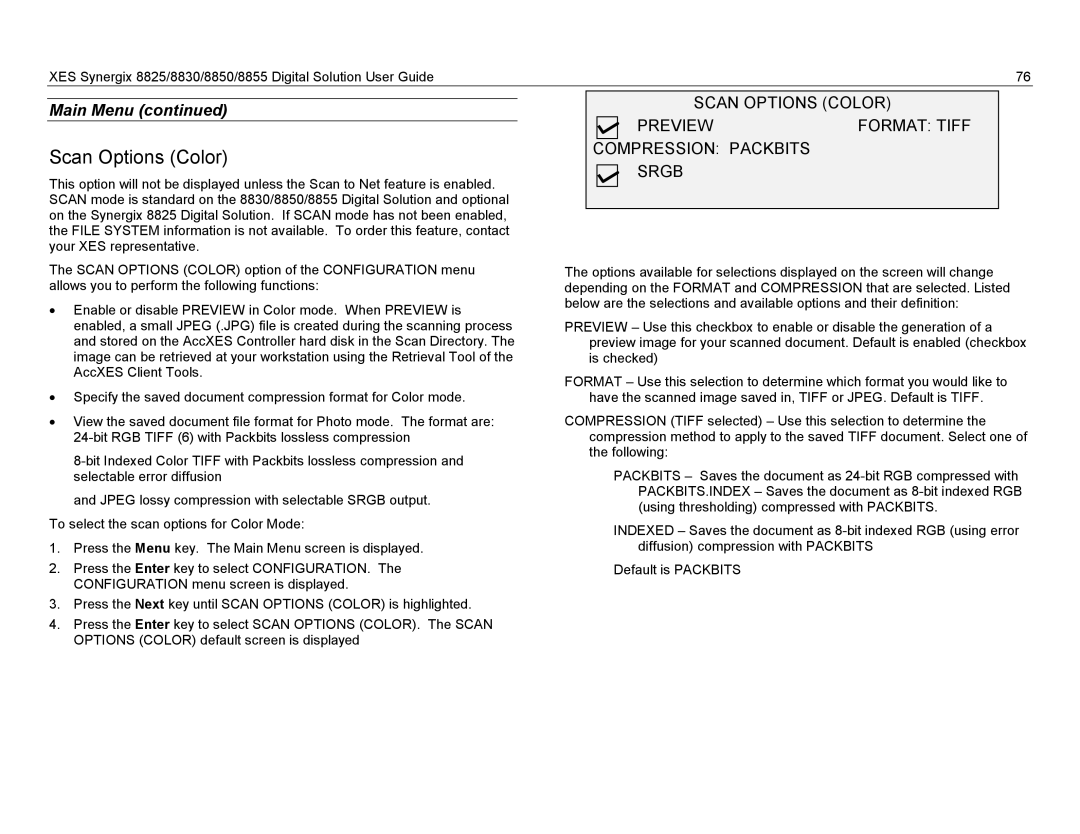 Xerox 8830, 8825, 8855 manual Scan Options Color 