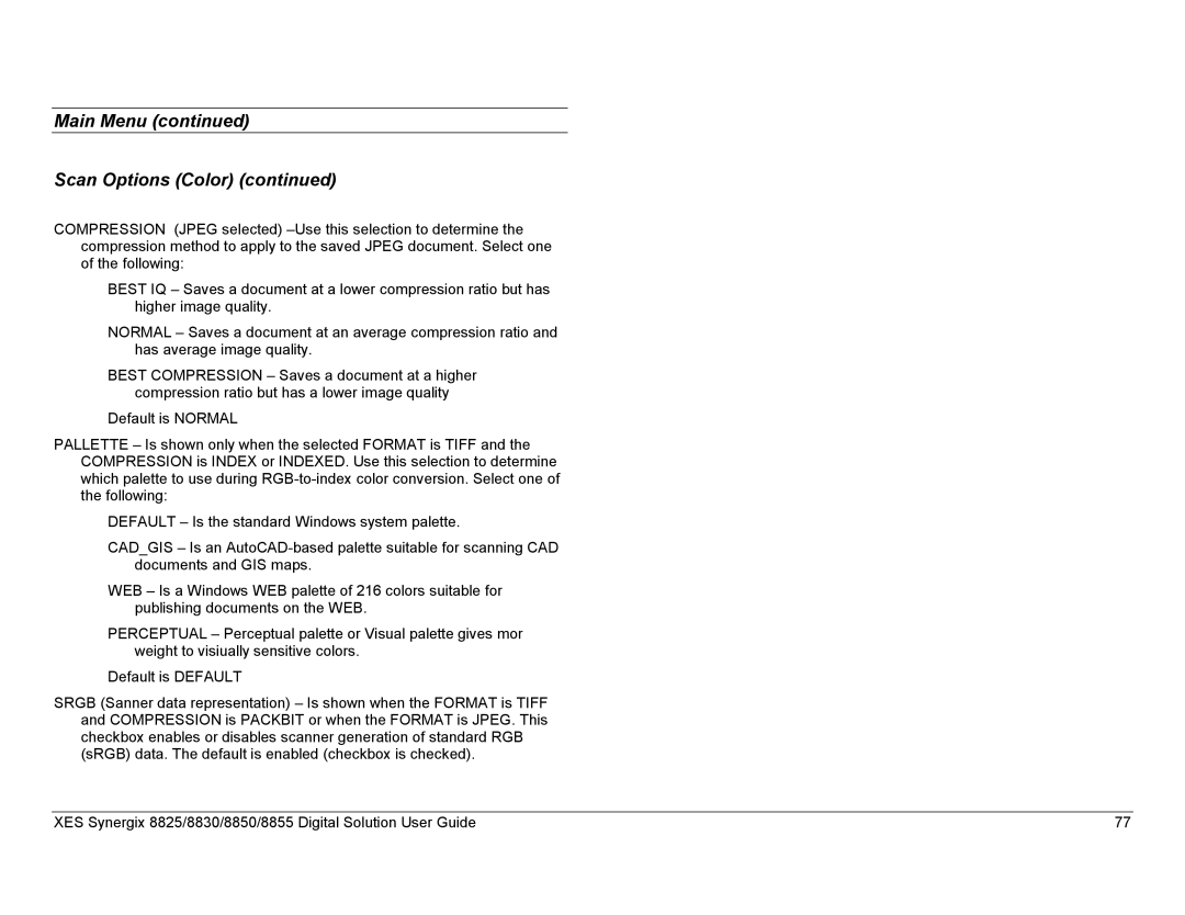 Xerox 8825, 8855, 8830 manual Main Menu Scan Options Color 