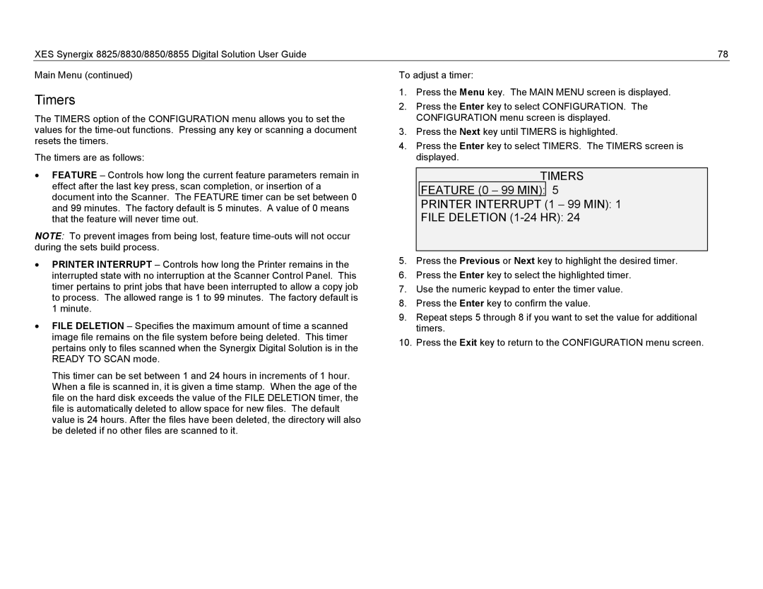 Xerox 8855, 8825, 8830 manual Timers, Feature 0 − 99 MIN, Printer Interrupt 1 − 99 MIN File Deletion 1-24 HR 