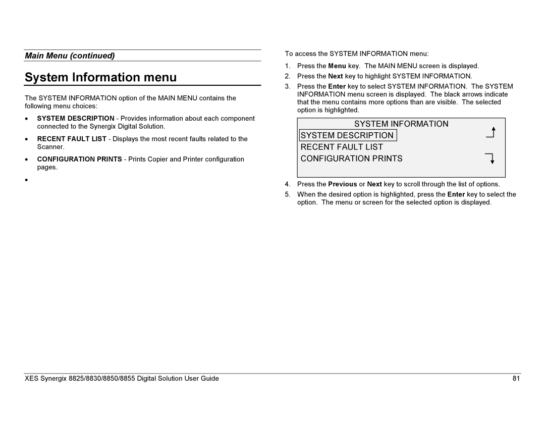 Xerox 8855, 8825, 8830 manual System Information menu 