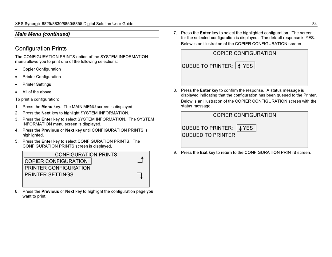 Xerox 8855, 8825, 8830 manual Configuration Prints, Copier Configuration Queue to Printer YES 