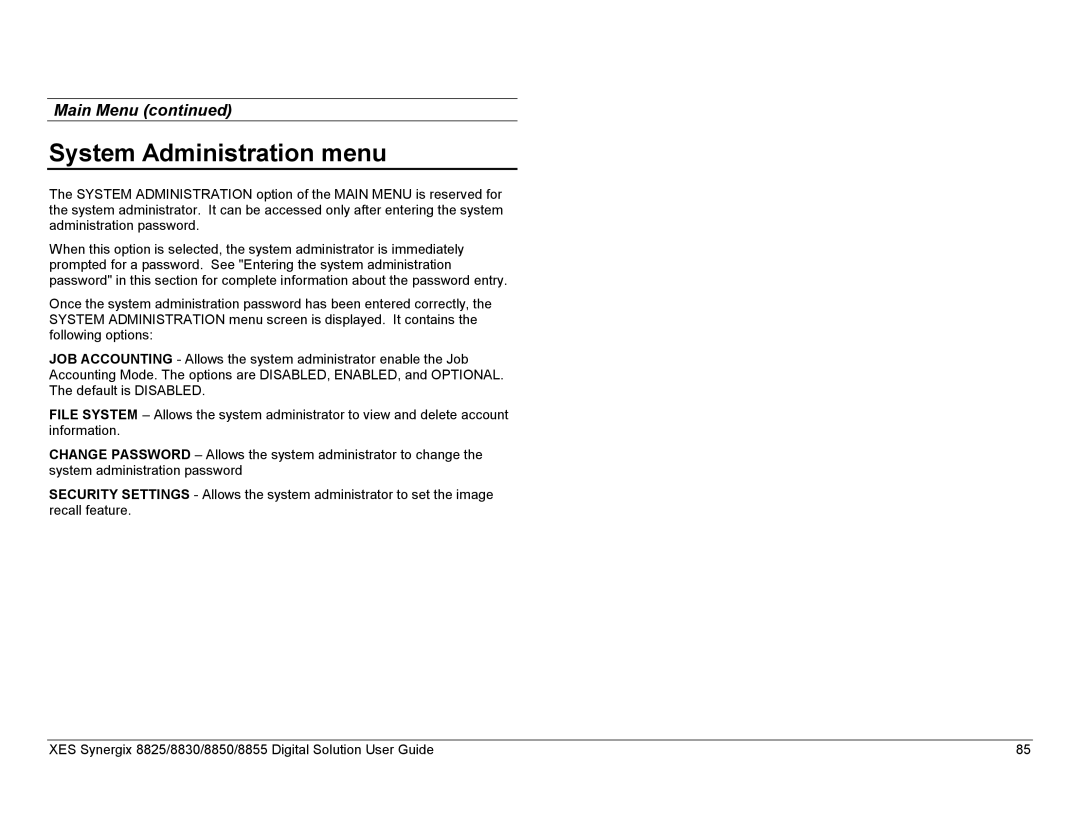 Xerox 8830, 8825, 8855 manual System Administration menu 