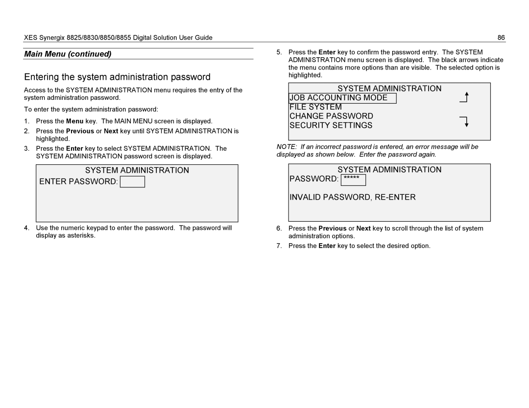 Xerox 8825, 8855, 8830 manual Entering the system administration password, System Administration Enter Password 