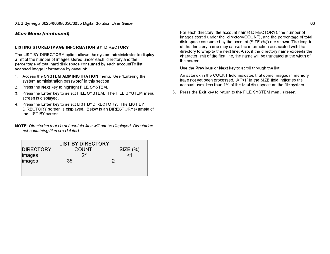 Xerox 8830, 8825, 8855 manual List by Directory Count, Size %, Images, Listing Stored Image Information by Directory 