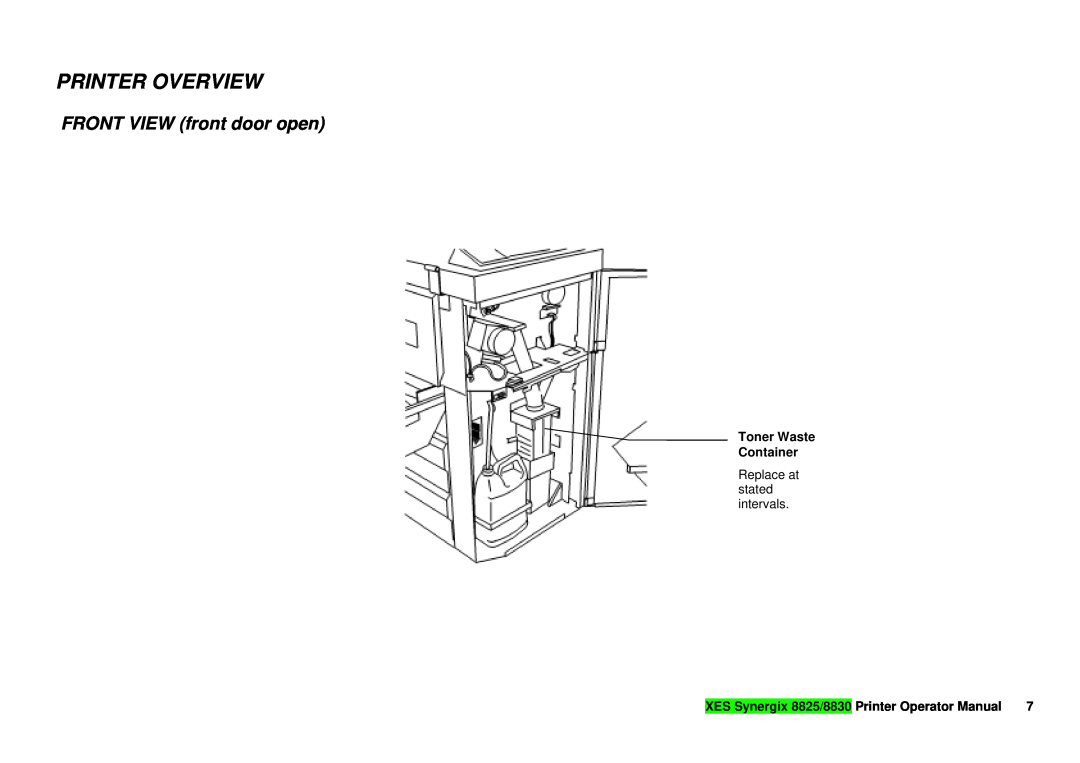 Xerox manual FRONT VIEW front door open, Printer Overview, Toner Waste Container, XES Synergix 8825/8830 