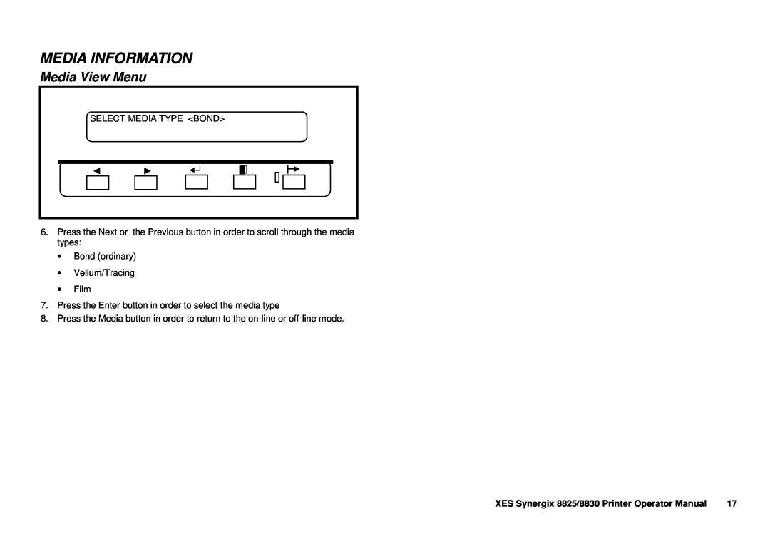 Xerox manual Media Information, Media View Menu, XES Synergix 8825/8830 Printer Operator Manual 