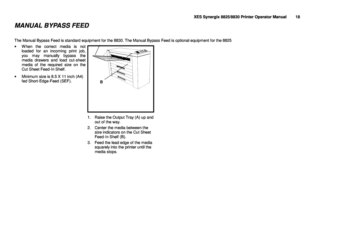 Xerox manual Manual Bypass Feed, XES Synergix 8825/8830 Printer Operator Manual 