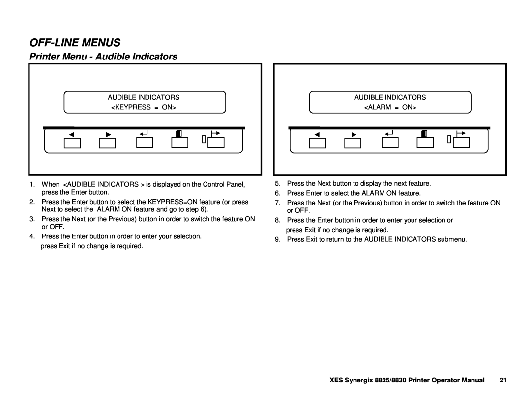 Xerox manual Printer Menu - Audible Indicators, Off-Linemenus, XES Synergix 8825/8830 Printer Operator Manual 
