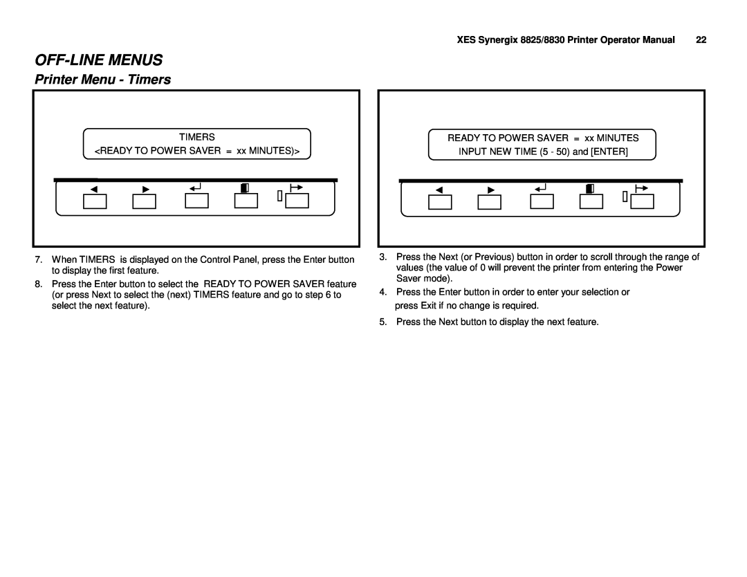 Xerox manual Printer Menu - Timers, Off-Linemenus, XES Synergix 8825/8830 Printer Operator Manual 