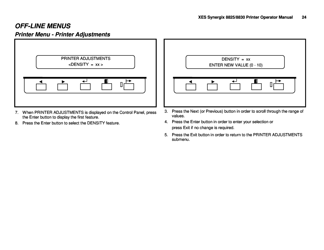 Xerox manual Printer Menu - Printer Adjustments, Off-Linemenus, XES Synergix 8825/8830 Printer Operator Manual 