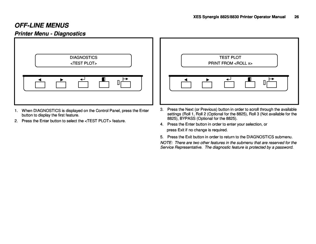 Xerox manual Printer Menu - Diagnostics, Off-Linemenus, XES Synergix 8825/8830 Printer Operator Manual 