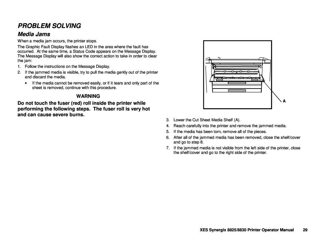 Xerox manual Media Jams, Problem Solving, XES Synergix 8825/8830 Printer Operator Manual 