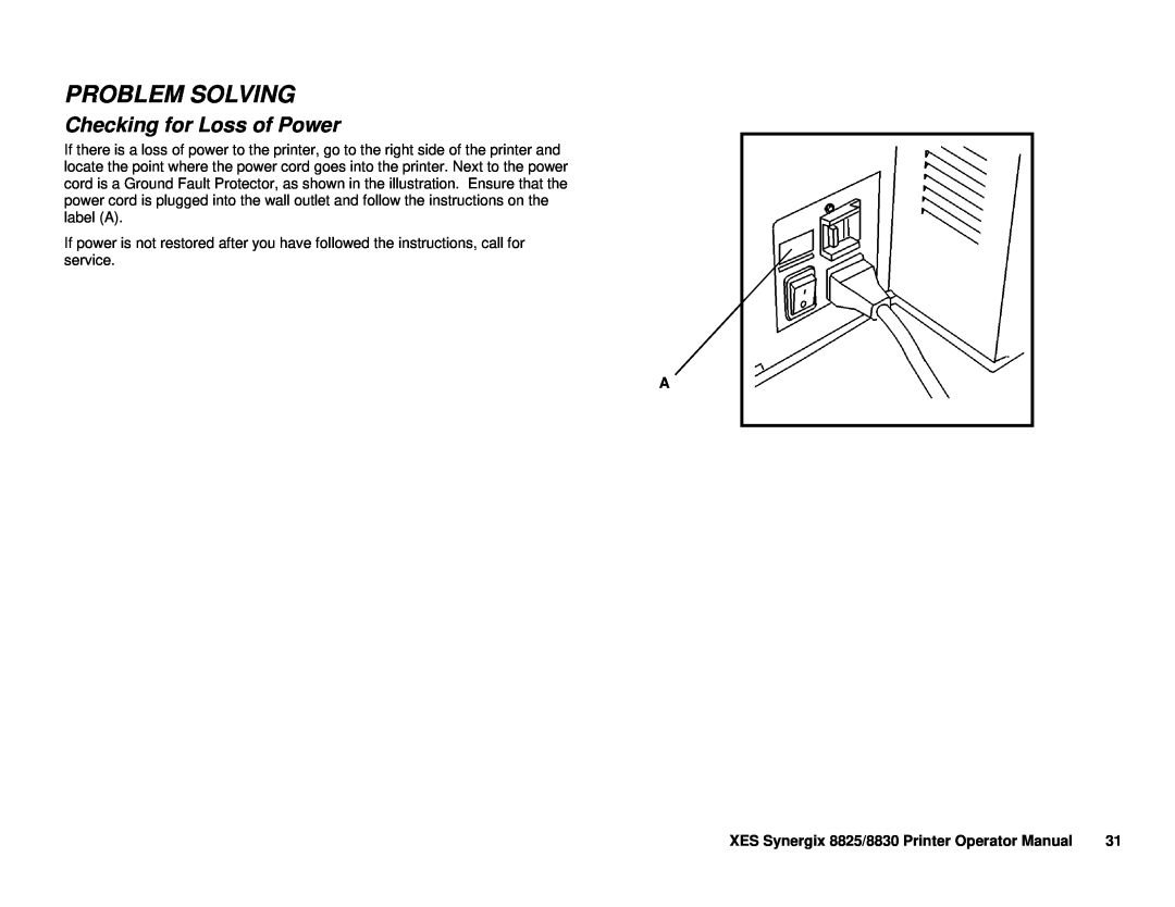Xerox manual Checking for Loss of Power, Problem Solving, XES Synergix 8825/8830 Printer Operator Manual 