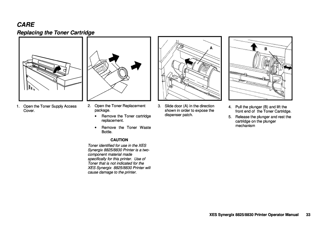Xerox 8825/8830 manual Care, Replacing the Toner Cartridge 
