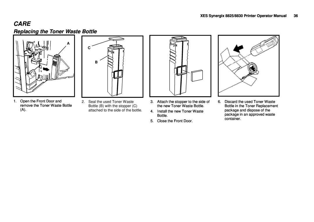 Xerox manual Replacing the Toner Waste Bottle, Care, XES Synergix 8825/8830 Printer Operator Manual, A C B 