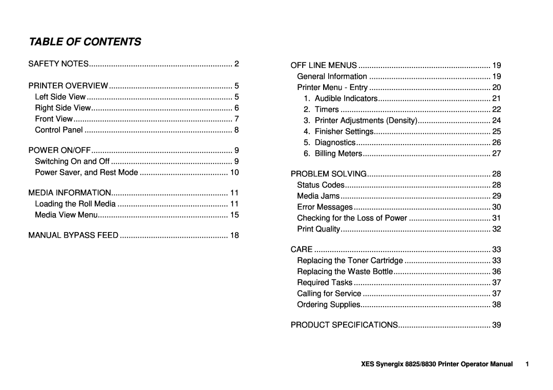 Xerox 8825/8830 manual Table Of Contents 