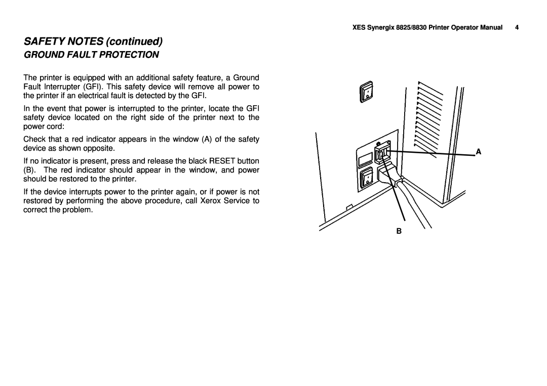 Xerox 8825/8830 manual Ground Fault Protection, SAFETY NOTES continued 