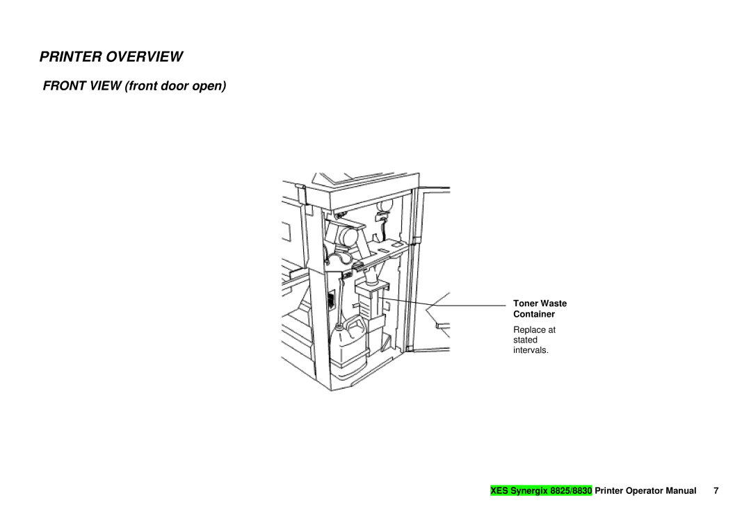 Xerox 8825/8830 manual Front View front door open, Toner Waste Container 