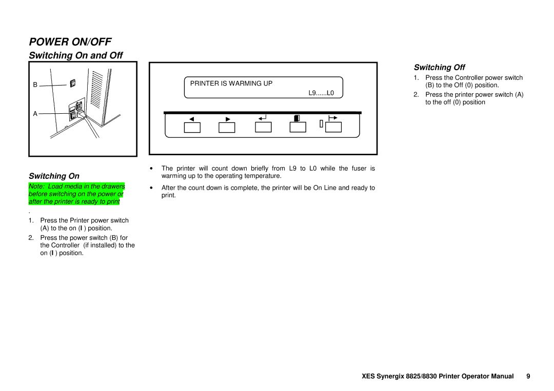 Xerox 8825/8830 manual Power ON/OFF, Switching On and Off, Printer is Warming UP 