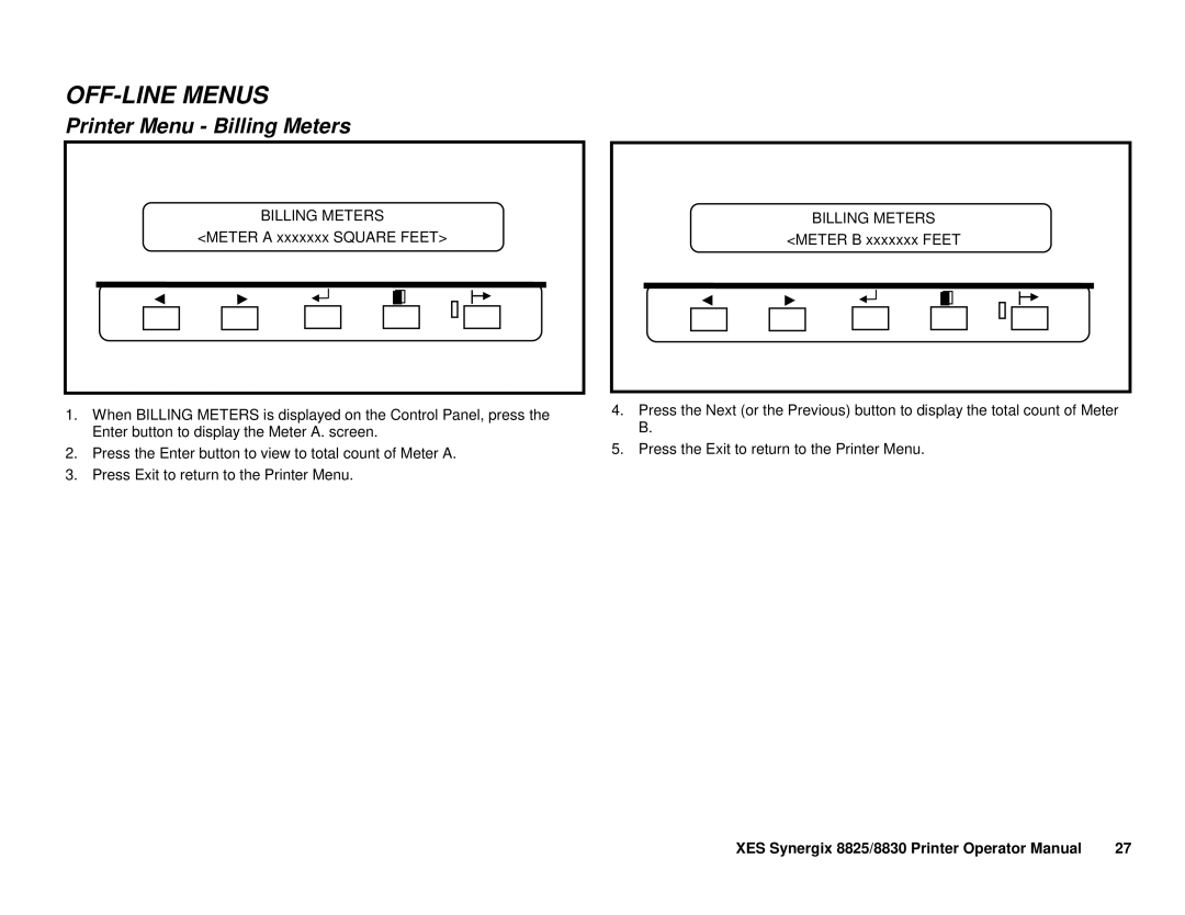 Xerox 8825/8830 manual Printer Menu Billing Meters 