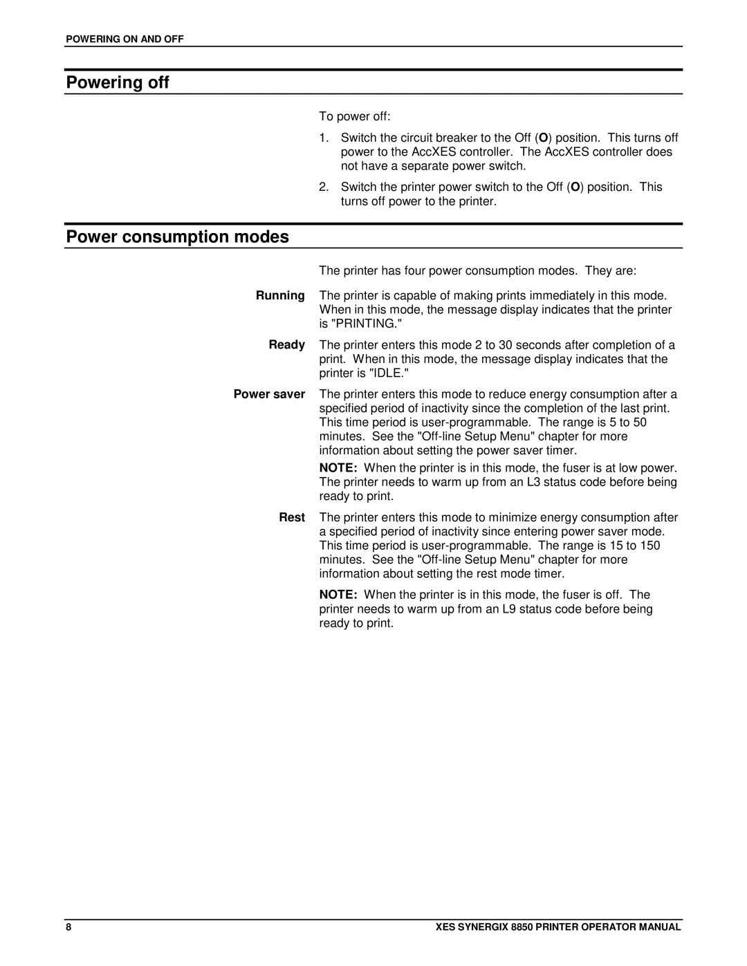 Xerox 8850 manual Powering off, Power consumption modes 