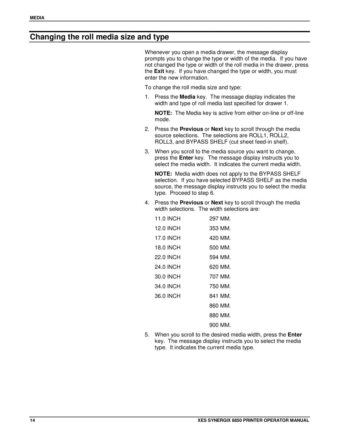 Xerox 8850 manual Changing the roll media size and type 