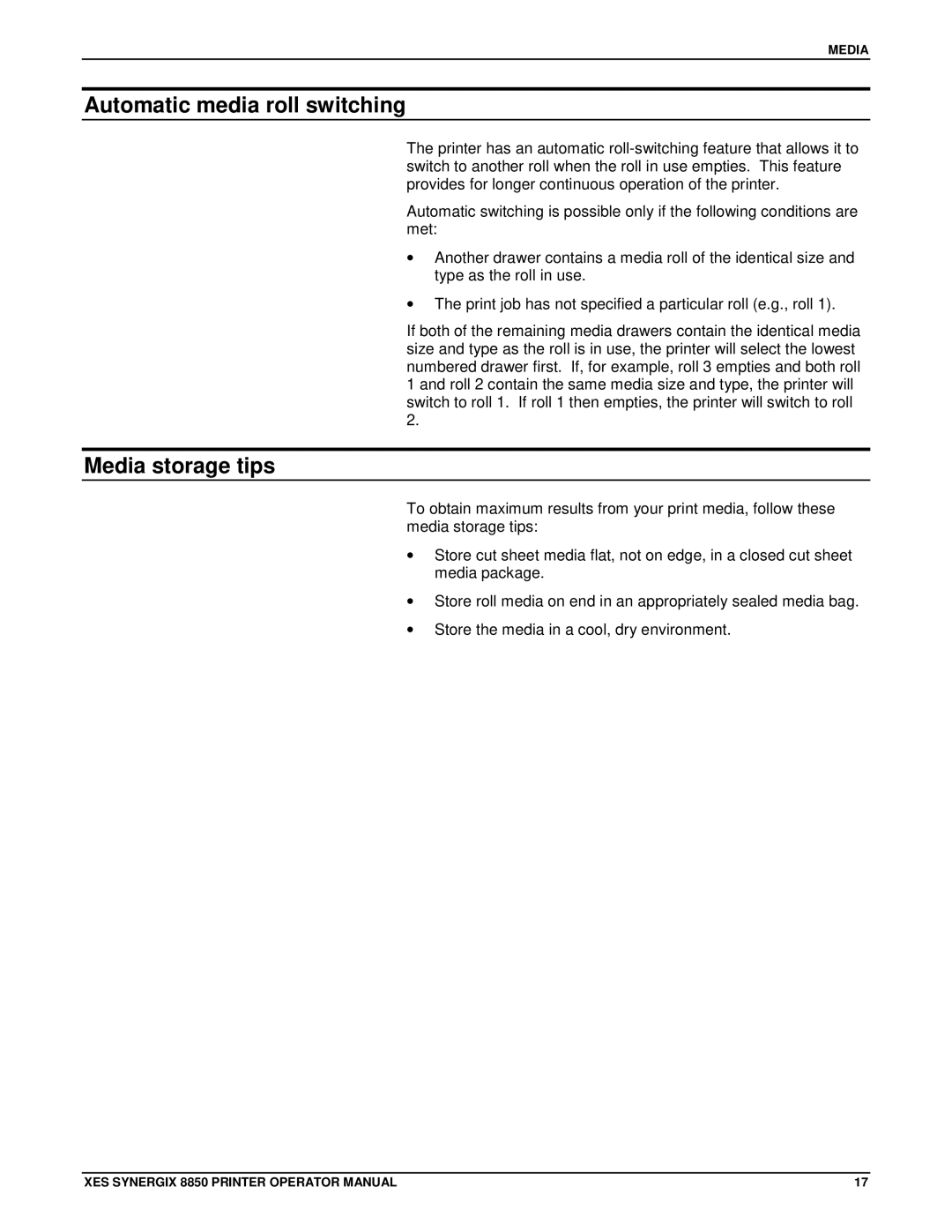 Xerox 8850 manual Automatic media roll switching, Media storage tips 