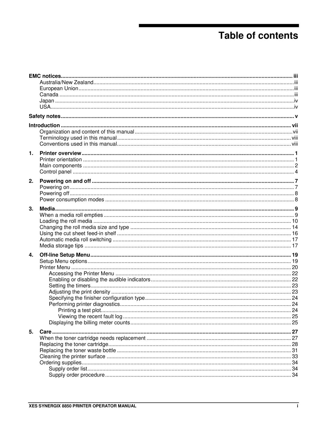 Xerox 8850 manual Table of contents 