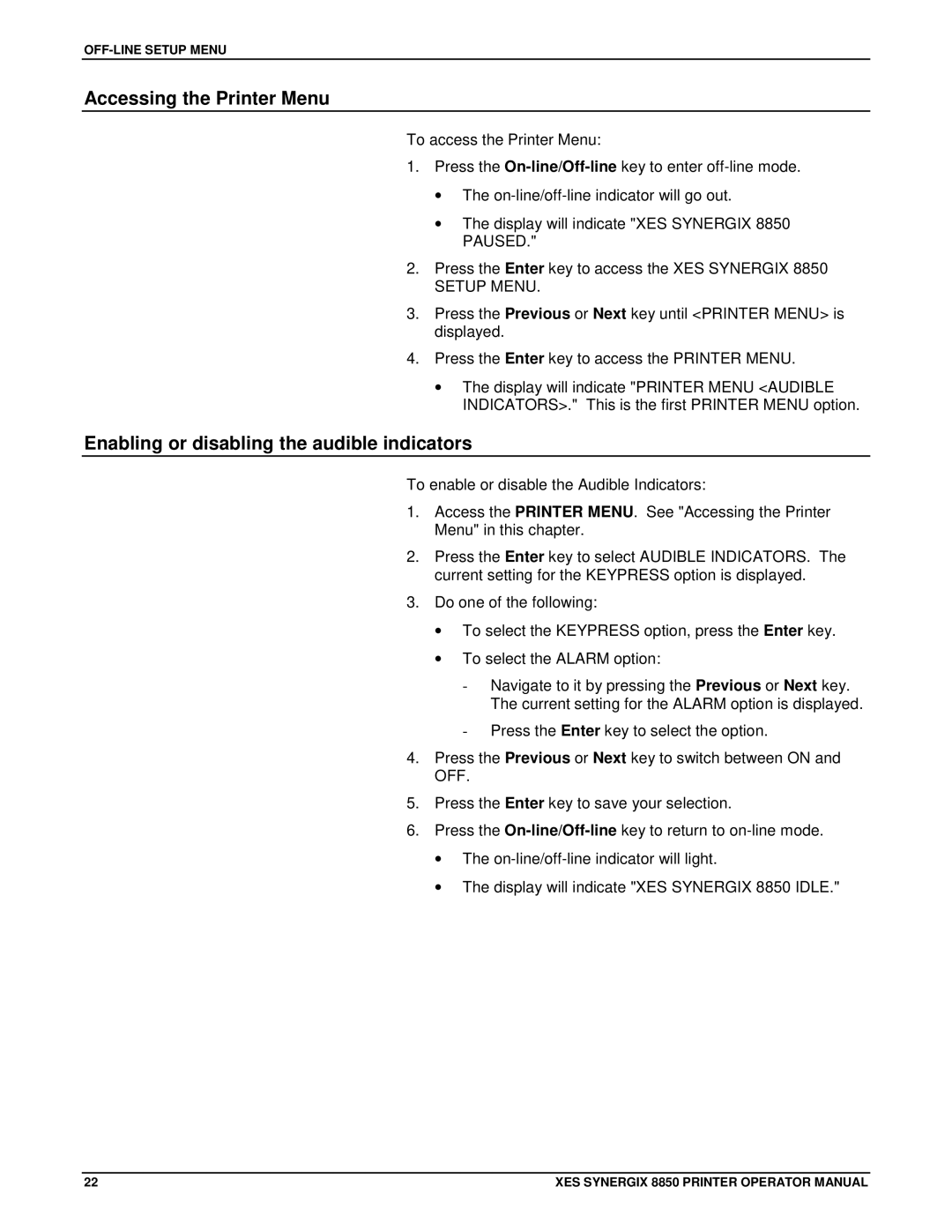 Xerox 8850 manual Accessing the Printer Menu, Enabling or disabling the audible indicators 