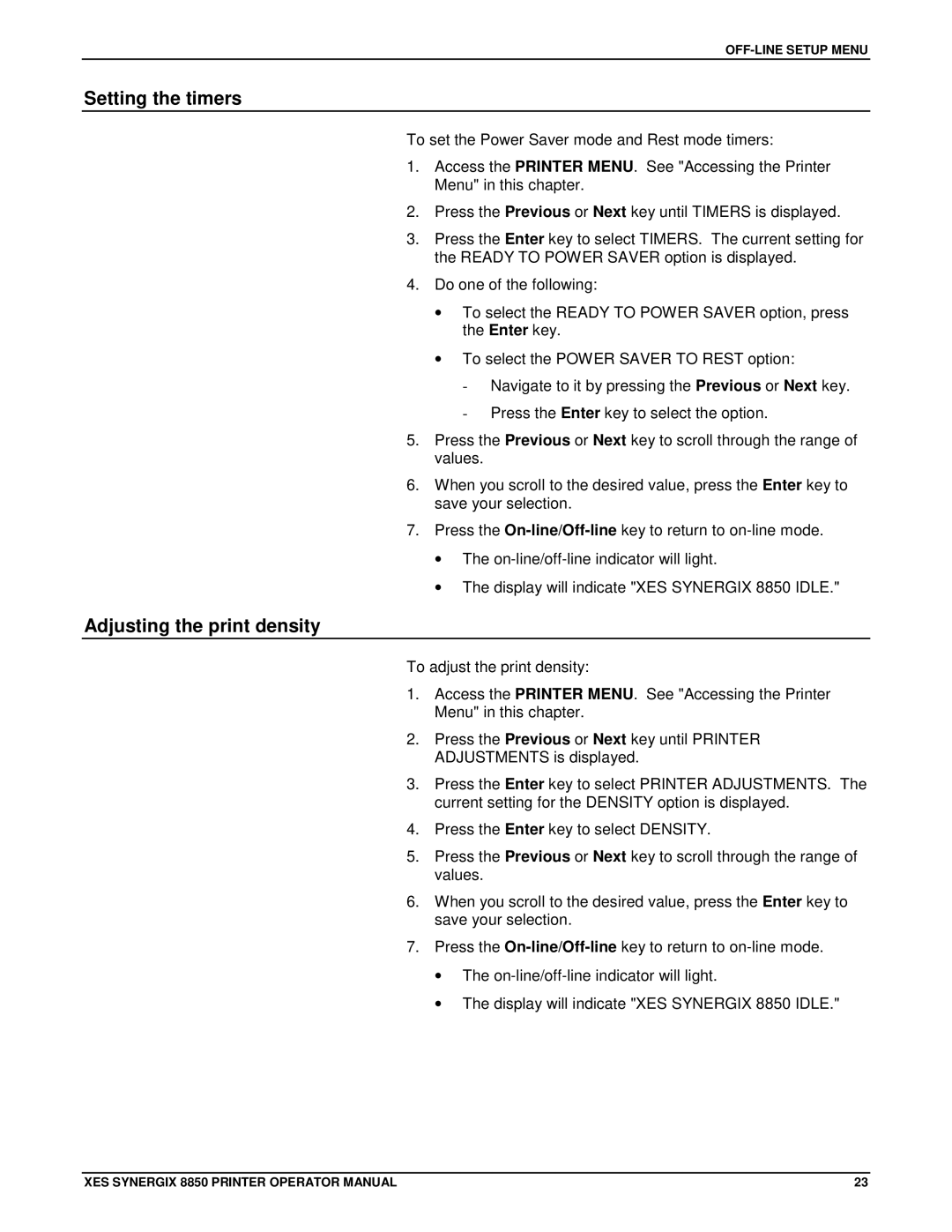 Xerox 8850 manual Setting the timers, Adjusting the print density 