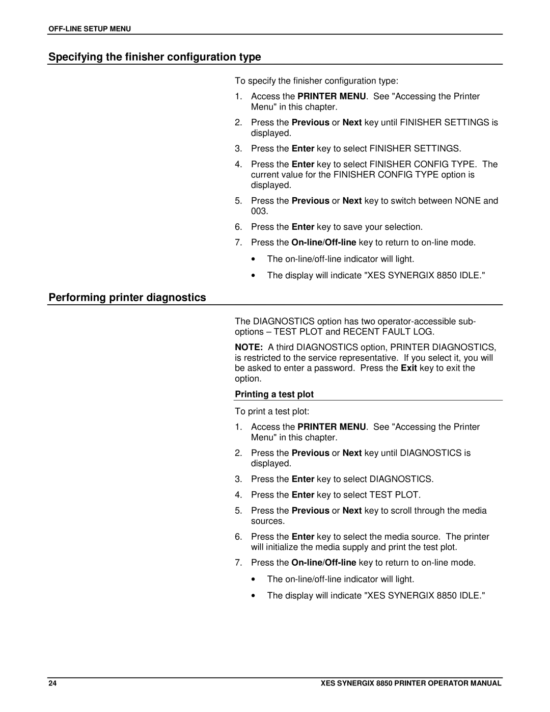 Xerox 8850 manual Specifying the finisher configuration type, Performing printer diagnostics, Printing a test plot 