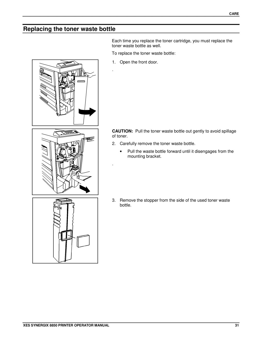 Xerox 8850 manual Replacing the toner waste bottle 