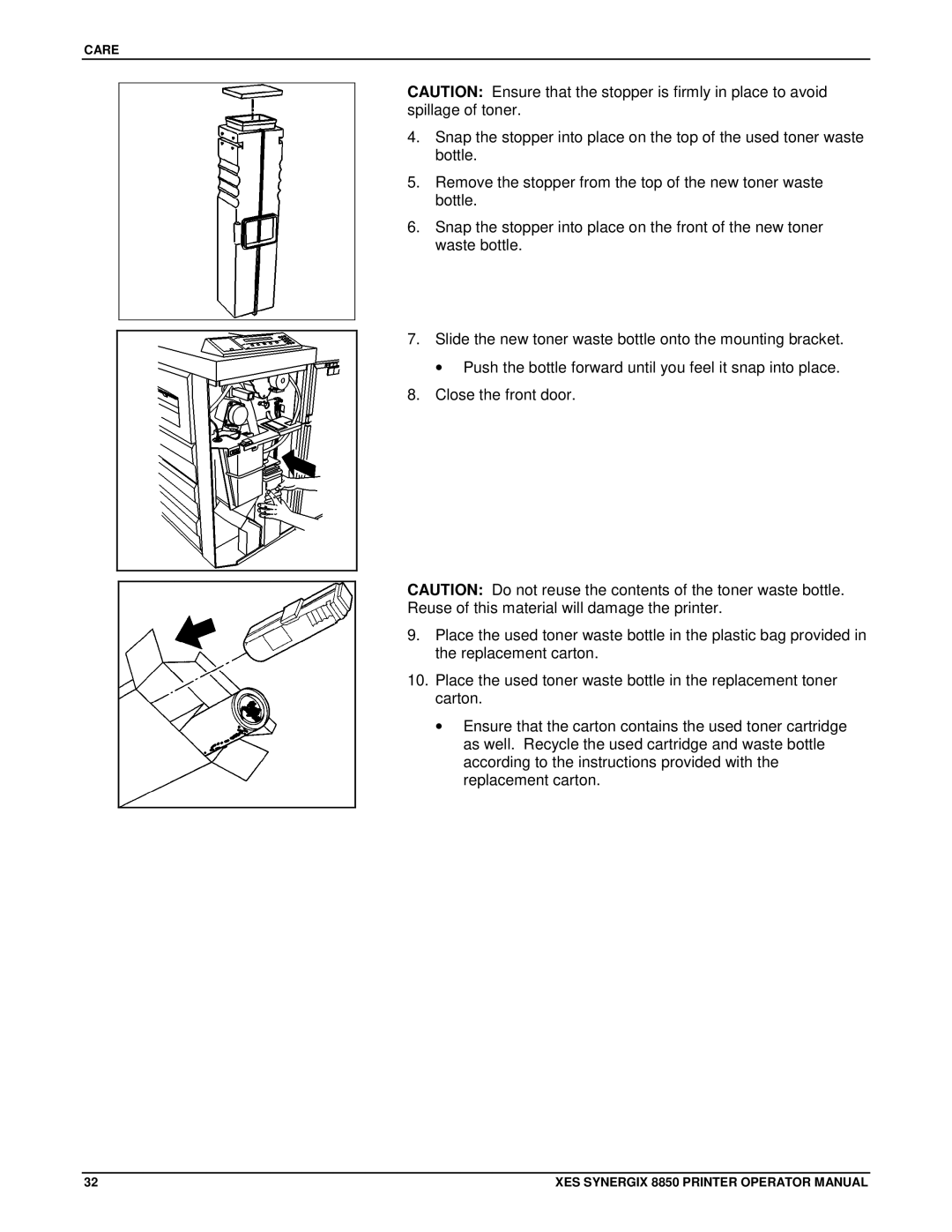 Xerox 8850 manual Care 