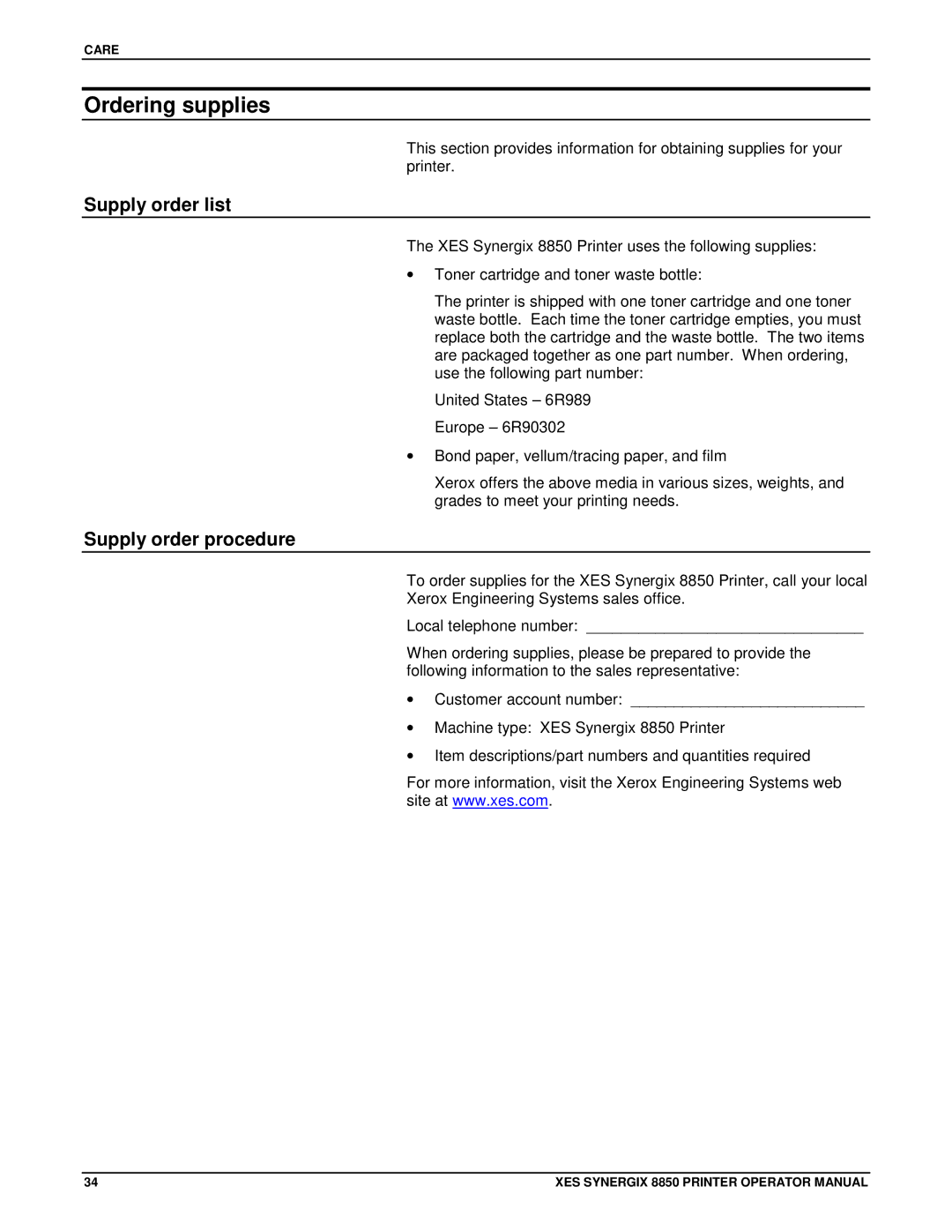 Xerox 8850 manual Ordering supplies, Supply order list, Supply order procedure 