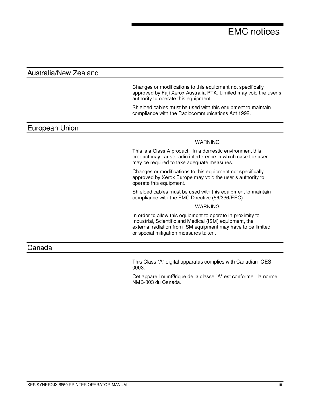 Xerox 8850 manual EMC notices, Australia/New Zealand, European Union, Canada 