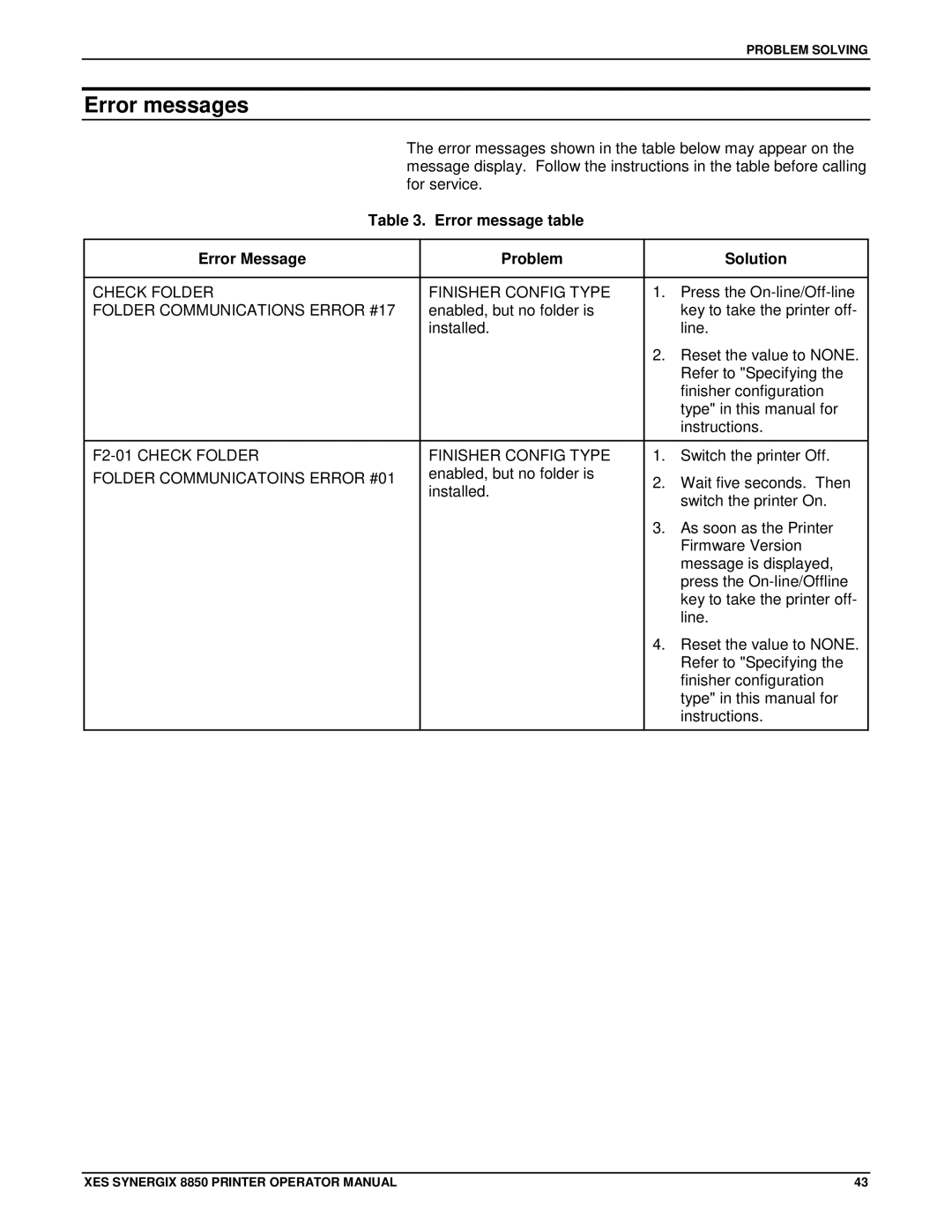 Xerox 8850 manual Error messages, Error message table Error Message Problem Solution 