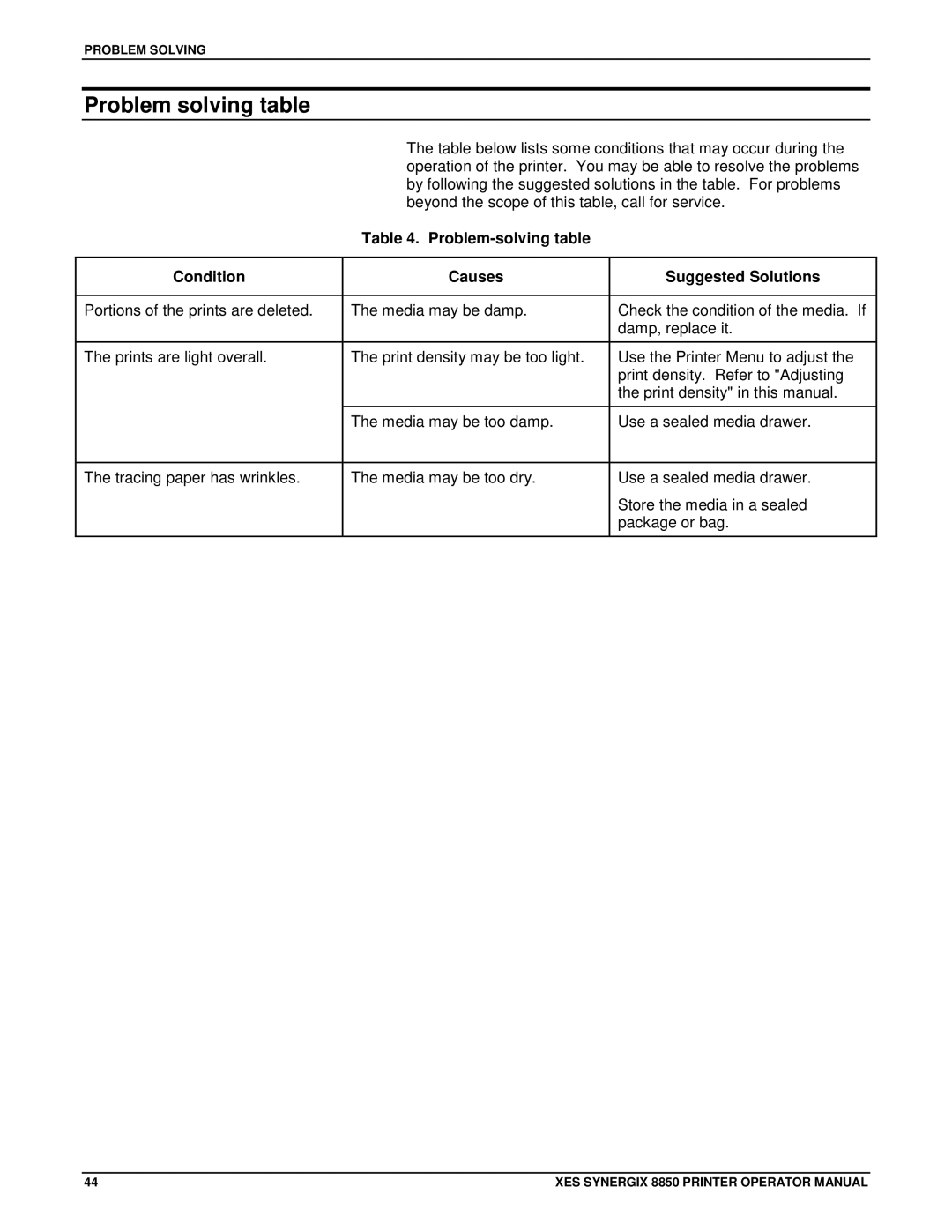 Xerox 8850 manual Problem solving table, Problem-solving table Condition Causes Suggested Solutions 