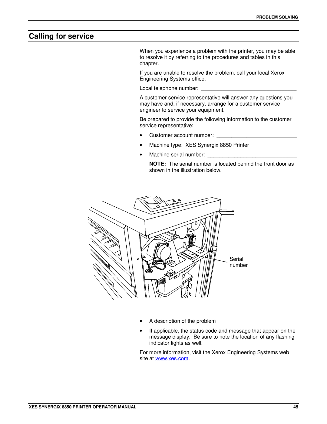 Xerox 8850 manual Calling for service 