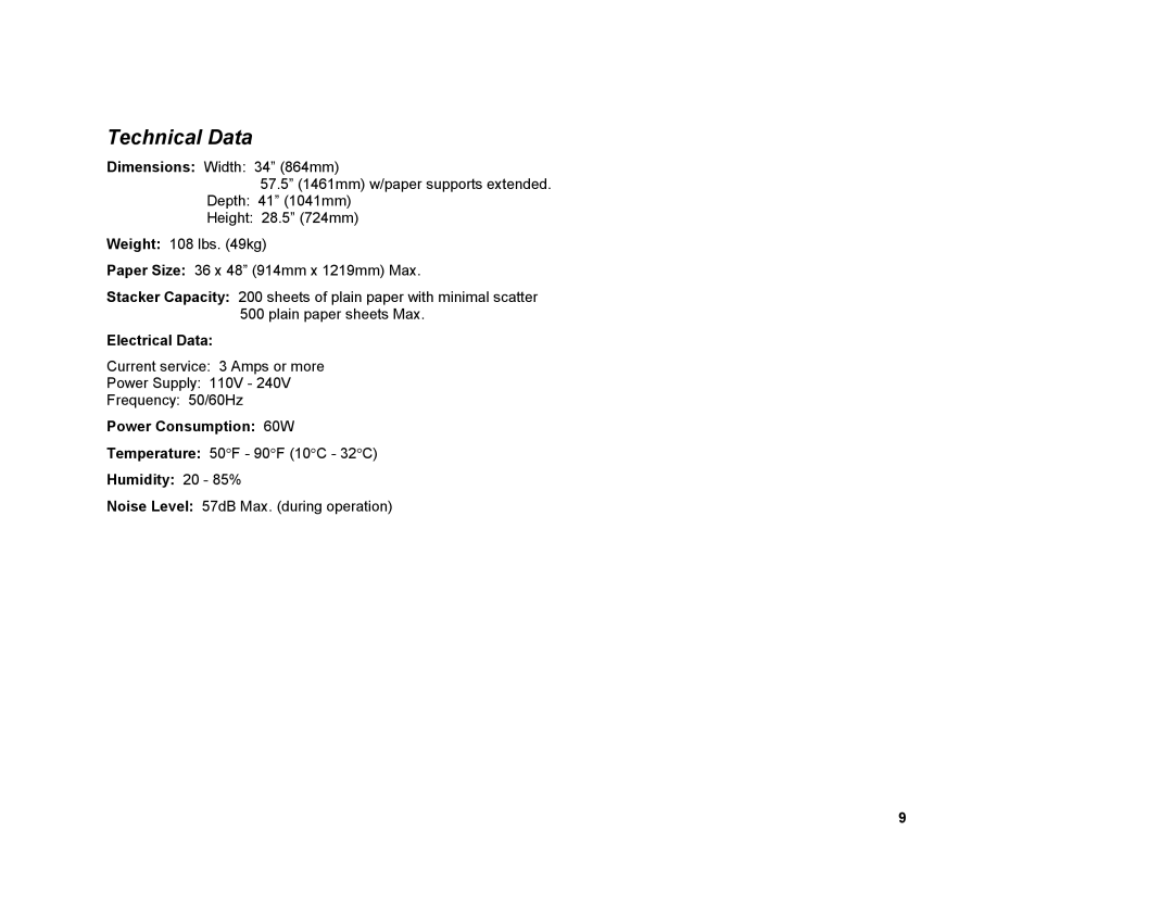 Xerox 8855/721P manual Technical Data, Electrical Data, Power Consumption 60W, Humidity 20 85% 