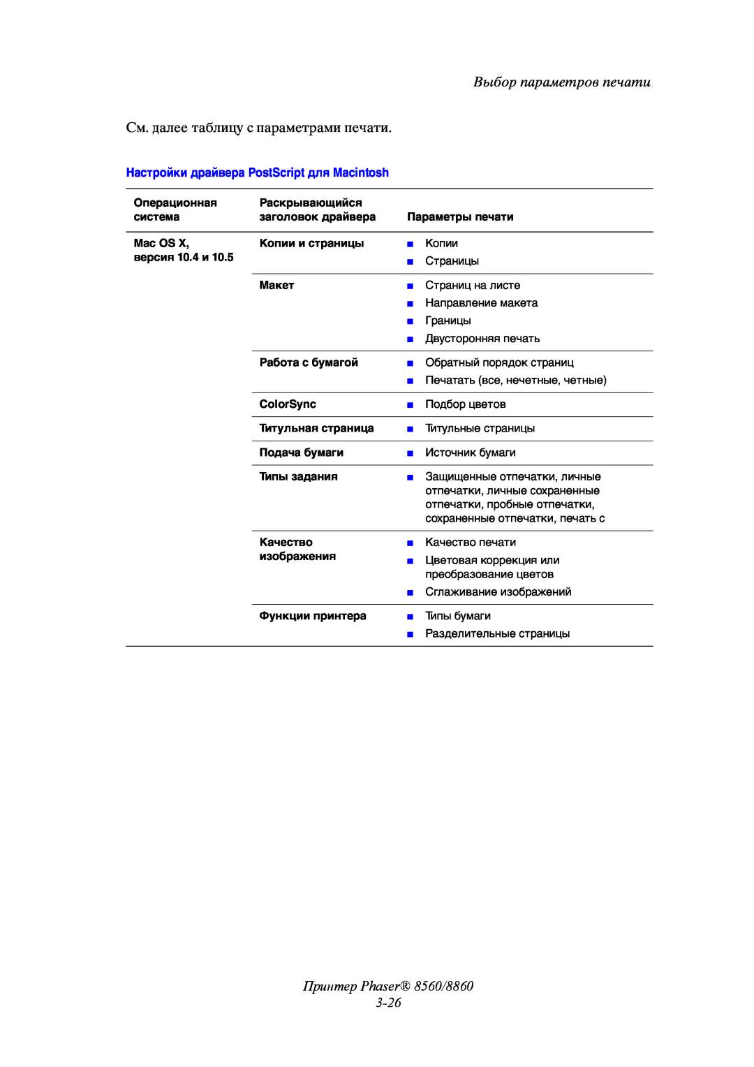 Xerox manual Принтер Phaser 8560/8860 3-26, Выбор параметров печати, Настройки драйвера PostScript для Macintosh 