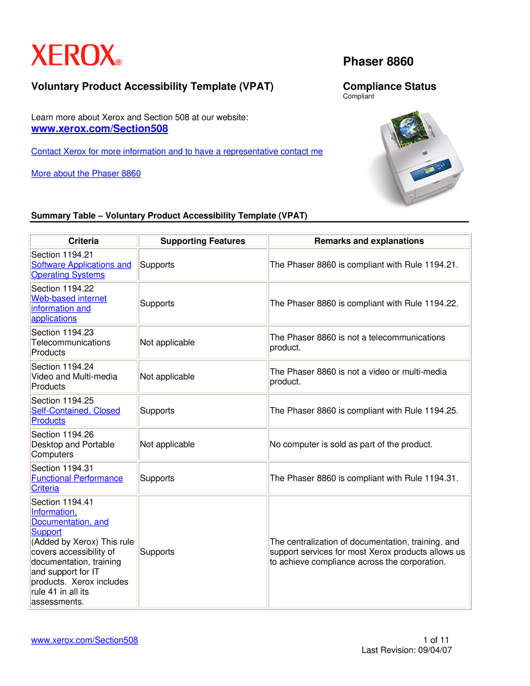 Xerox 8860 manual Supporting Features, Remarks and explanations 