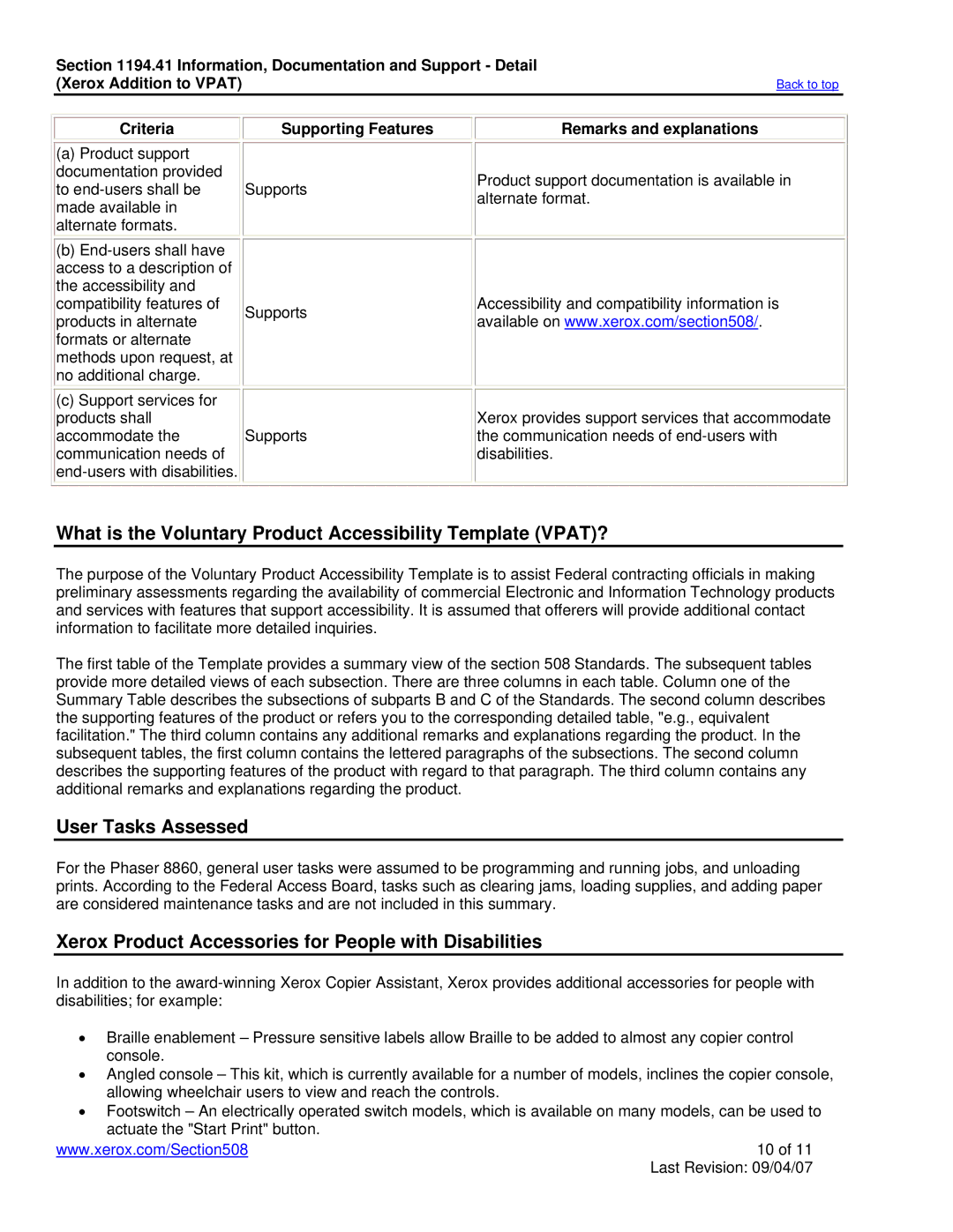 Xerox 8860 manual What is the Voluntary Product Accessibility Template VPAT?, Criteria Supporting Features 