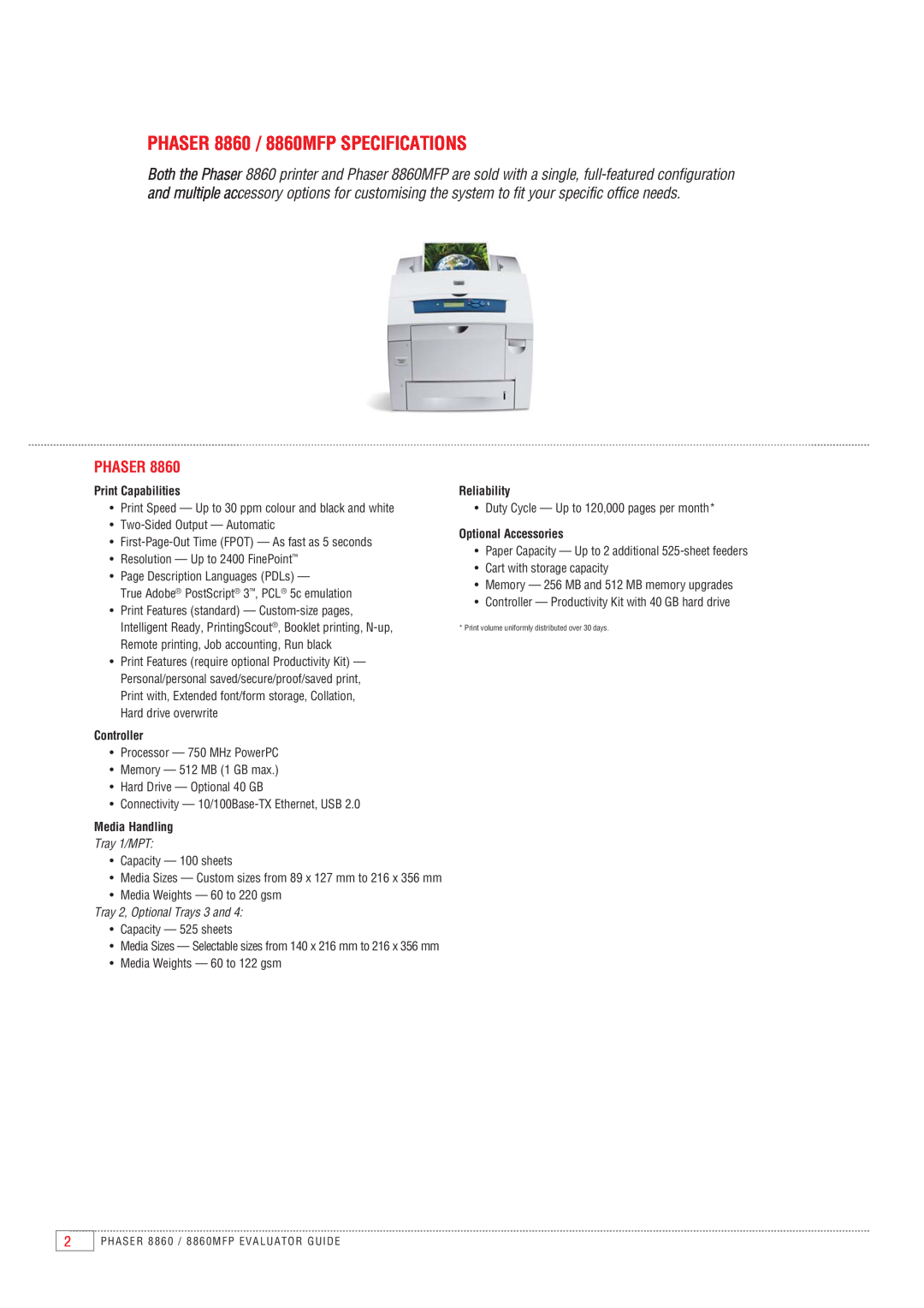 Xerox manual PHASER 8860 / 8860MFP SPECIFICATIONS, Phaser, Print Capabilities, Controller, Media Handling, Tray 1/MPT 
