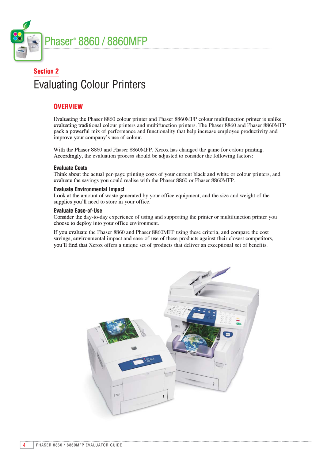 Xerox manual Section, Overview, Phaser 8860 / 8860MFP, Evaluating Colour Printers 