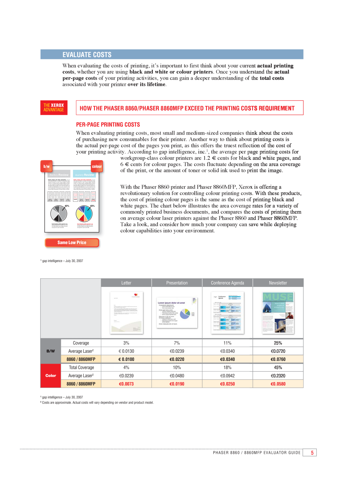 Xerox 8860MFP manual Evaluate Costs, Per-Pageprinting Costs 