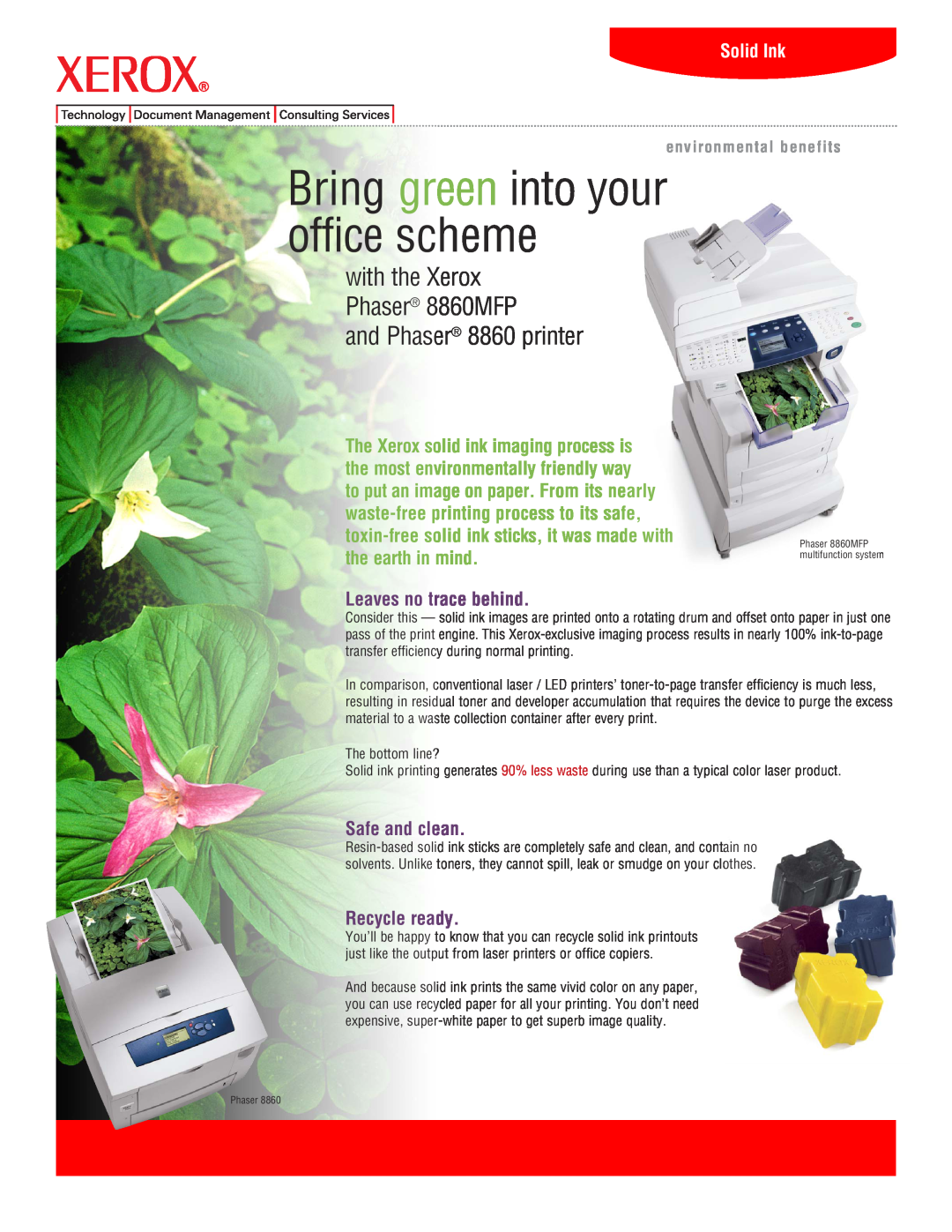 Xerox 8860MFP manual Solid Ink, Leaves no trace behind, Safe and clean, Recycle ready, Bring green into your office scheme 